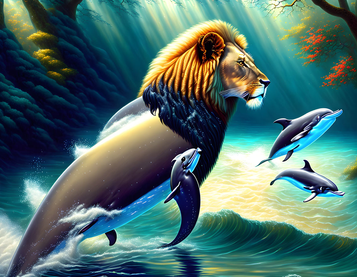 Lion and Whale Hybrid with Dolphins in Forest Scene