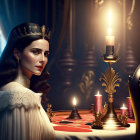 Regal woman with crown poses by candlelit table