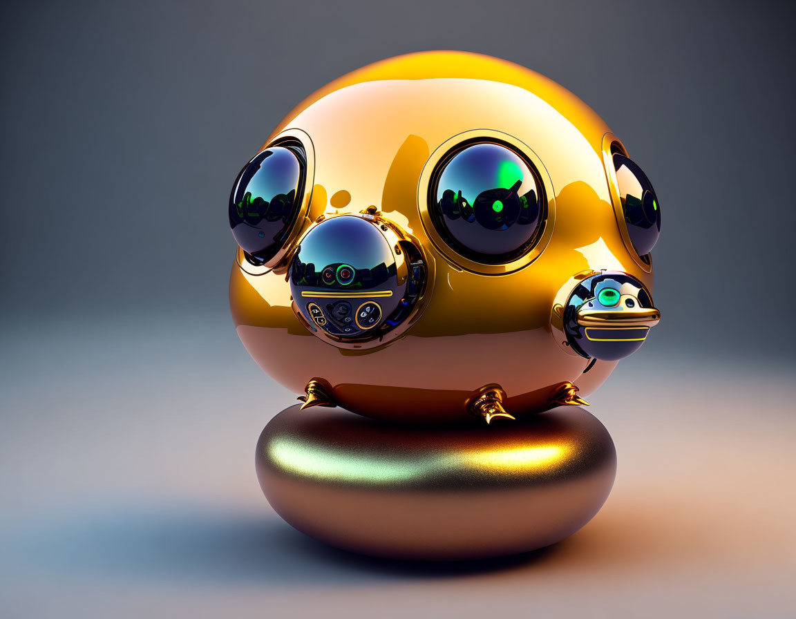 Golden Glossy Spherical Robot with Black Eyes on Reflective Base