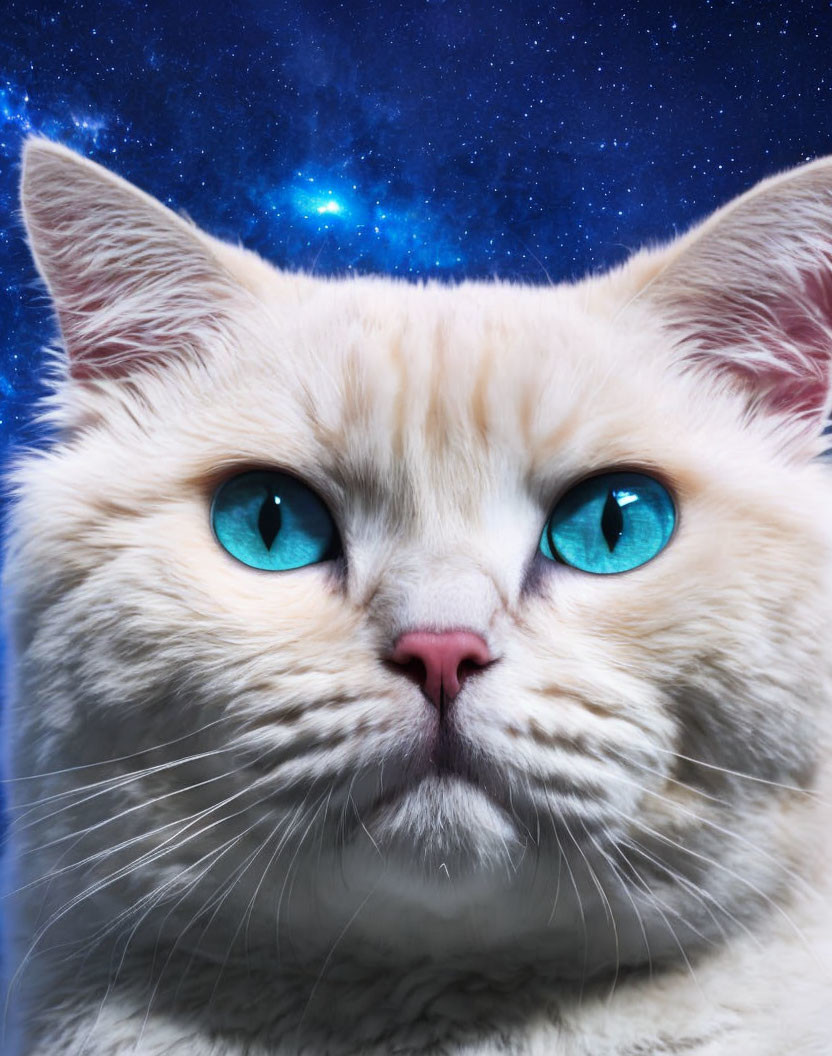 Cream-Colored Cat with Blue Eyes in Cosmic Setting