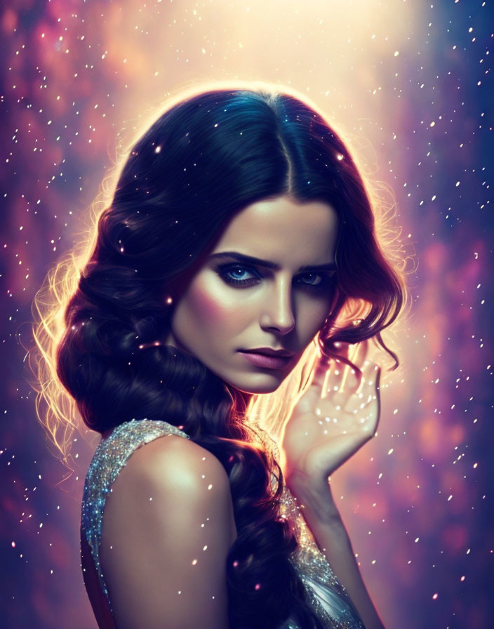 Dark-haired woman portrait with intense gaze and cosmic backdrop.
