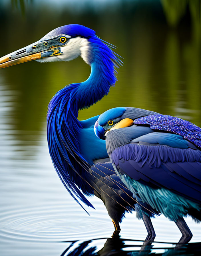 Vivid blue herons in digital art with sharp foreground focus.