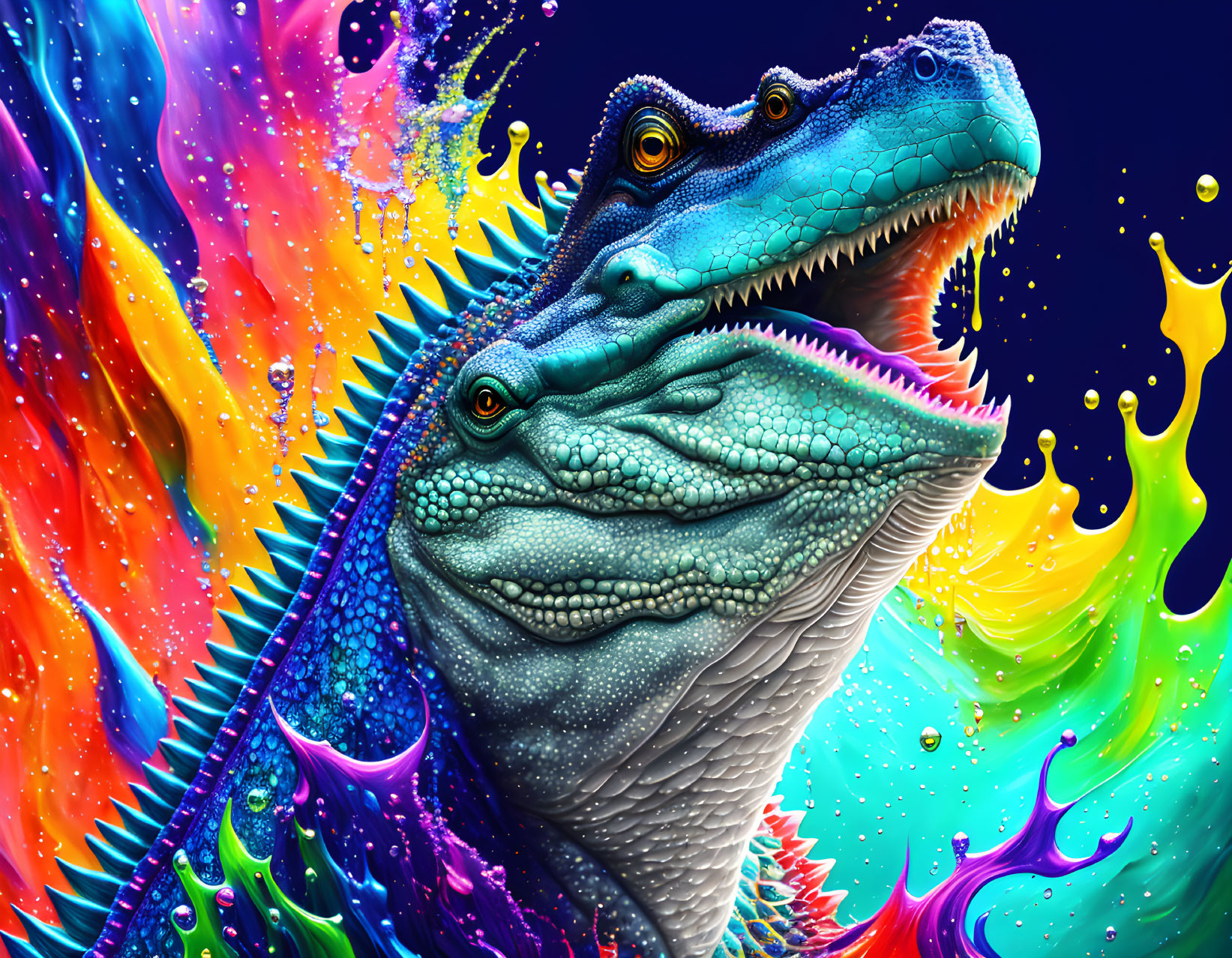 Vibrant textured dinosaur digital artwork with neon splash background