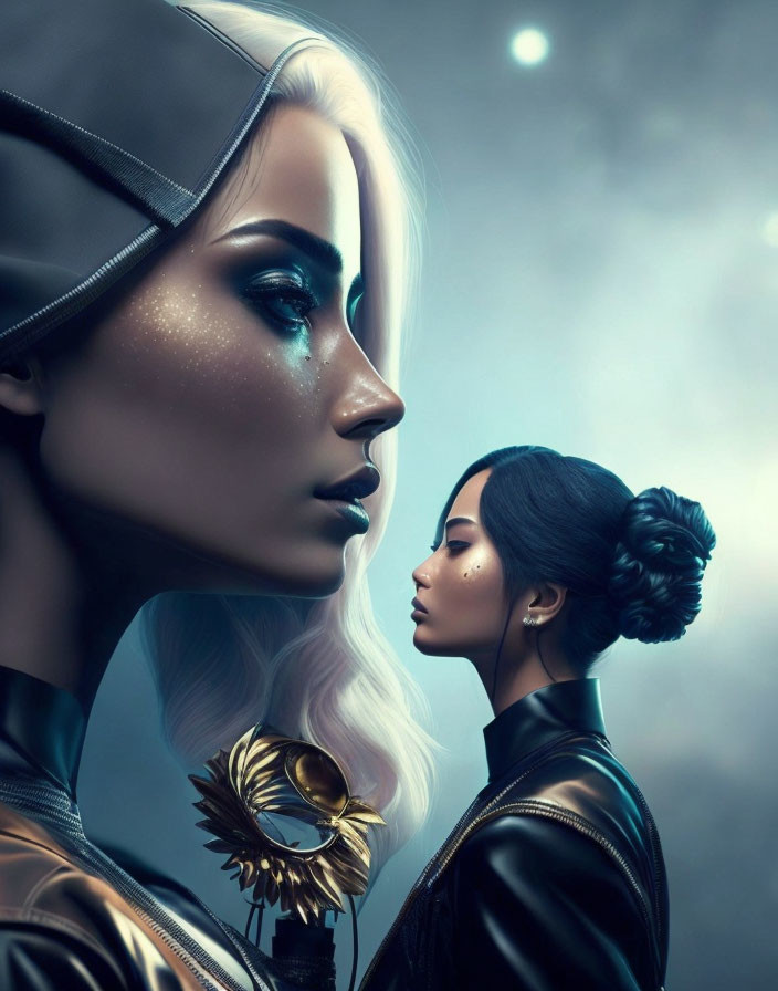 Futuristic portrait of two women with metallic skin tones