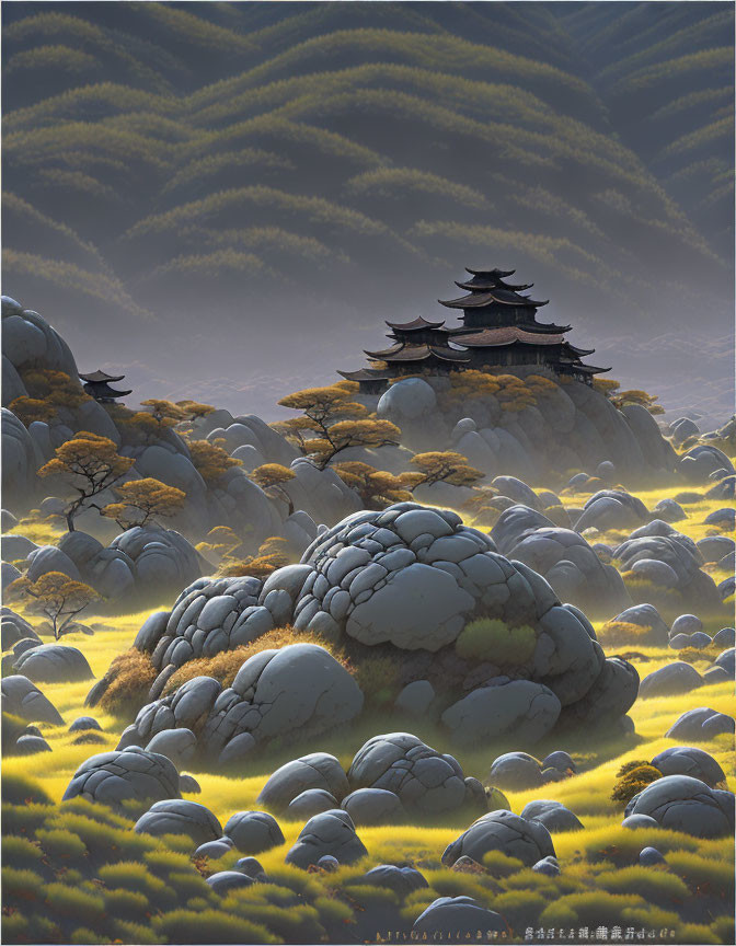 Traditional pagoda surrounded by rolling hills and oversized stones under an illuminated sky
