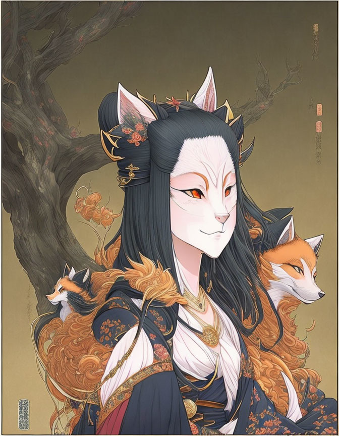 Anthropomorphic Fox in Traditional Attire with Smaller Foxes and Tree