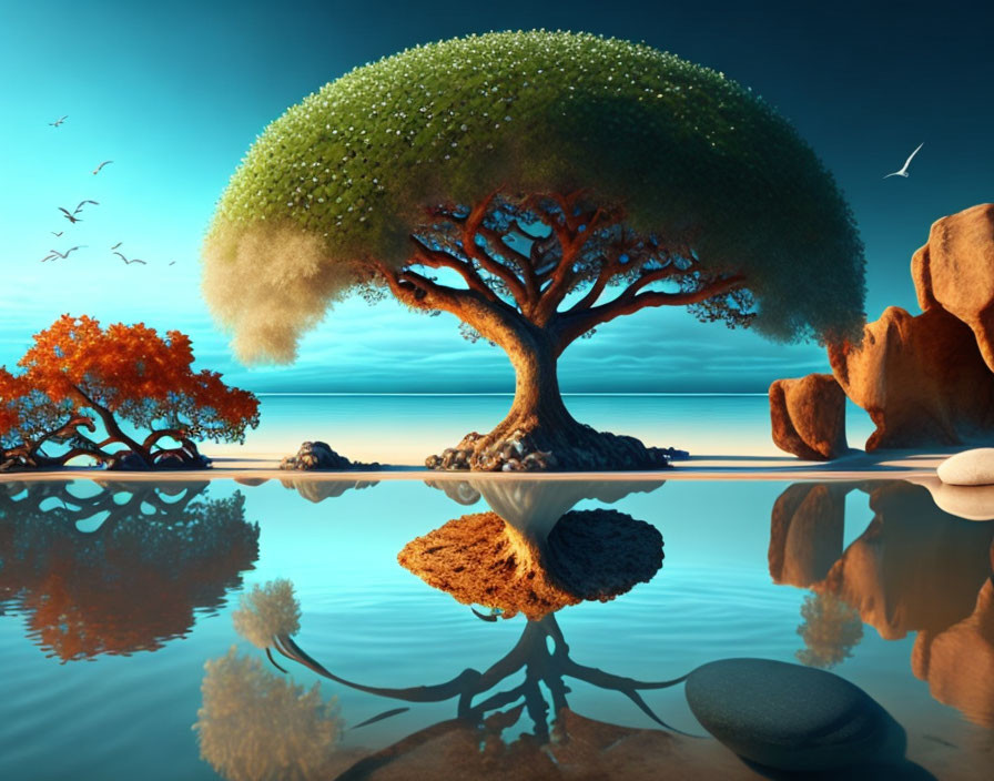Tranquil landscape with lush tree, rocks, and birds in reflection