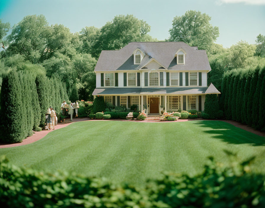 Manicured two-story house with trimmed hedges and clear blue sky