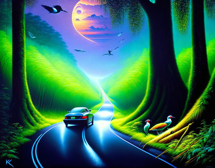 night road with birds