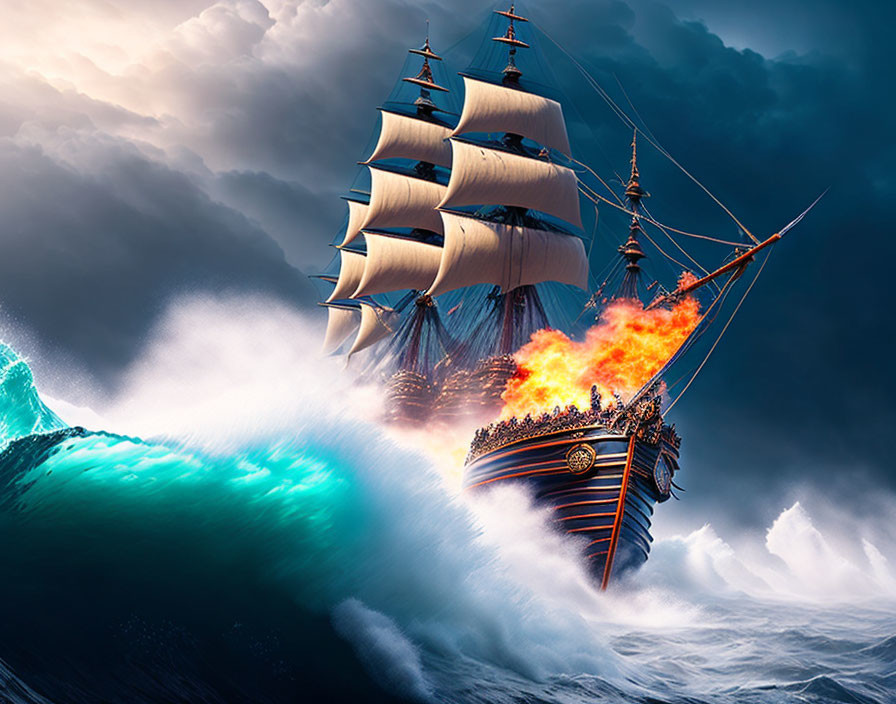 Tall ship with full sails navigating turbulent seas amidst flames and dramatic sky