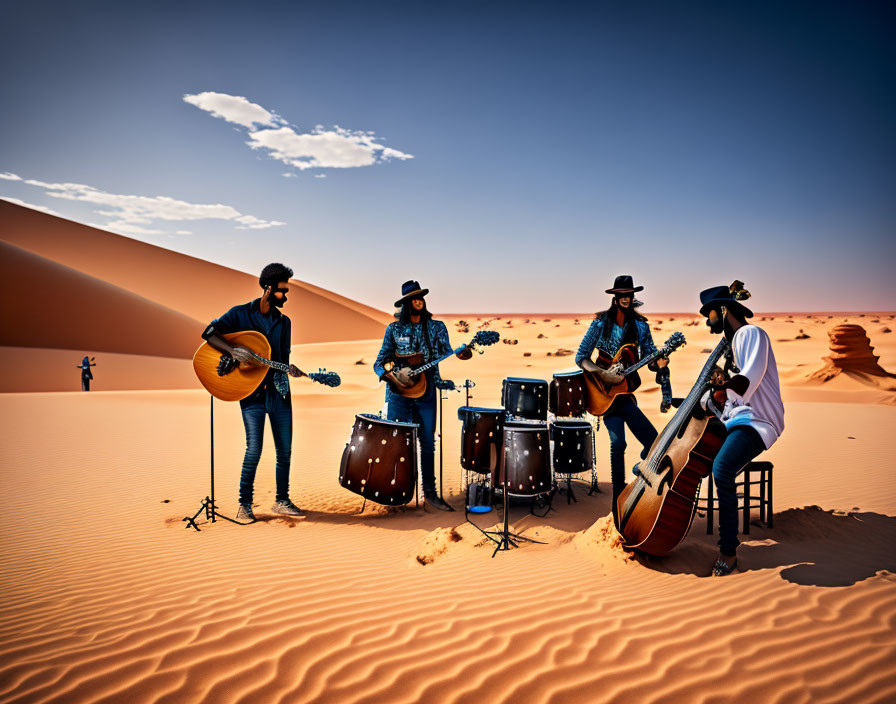 Musicians Perform with Guitars and Drums in Desert Setting