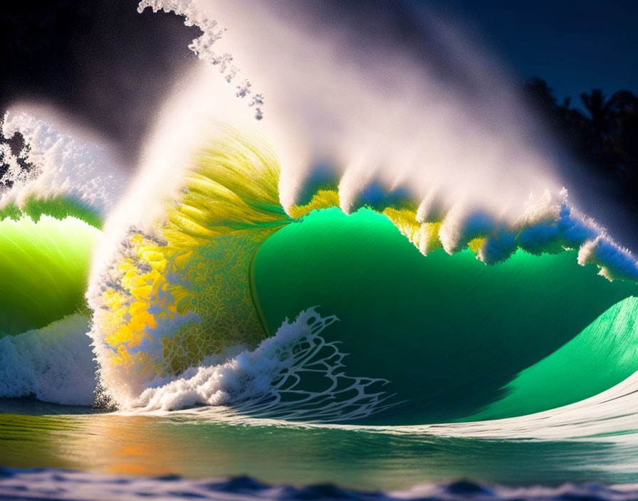 Vibrant green wave under sunlight with intricate patterns and foam