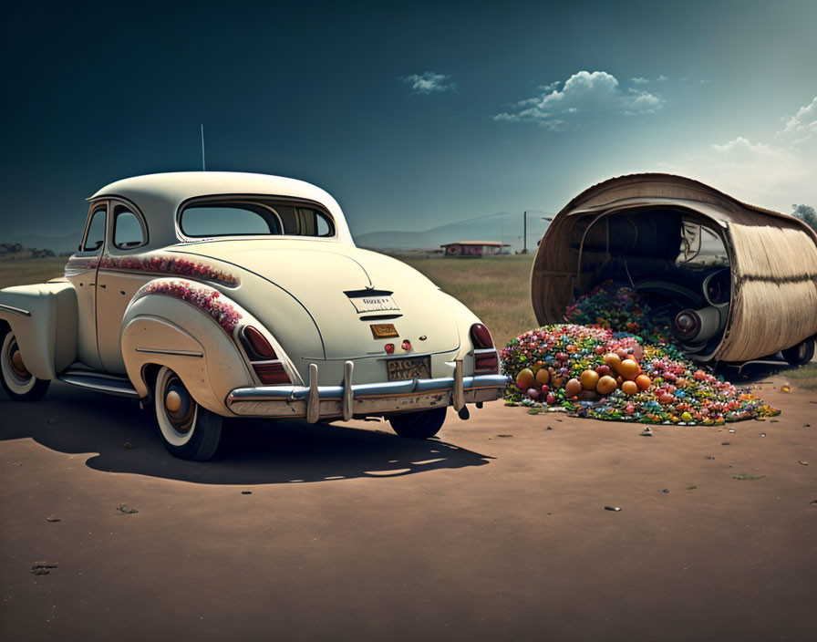 Vintage Car with Floral Decor Next to Teardrop Trailer in Rural Setting