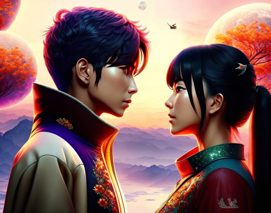 Digital artwork: Man and woman in Asian attire with mountains, moons, and bird.