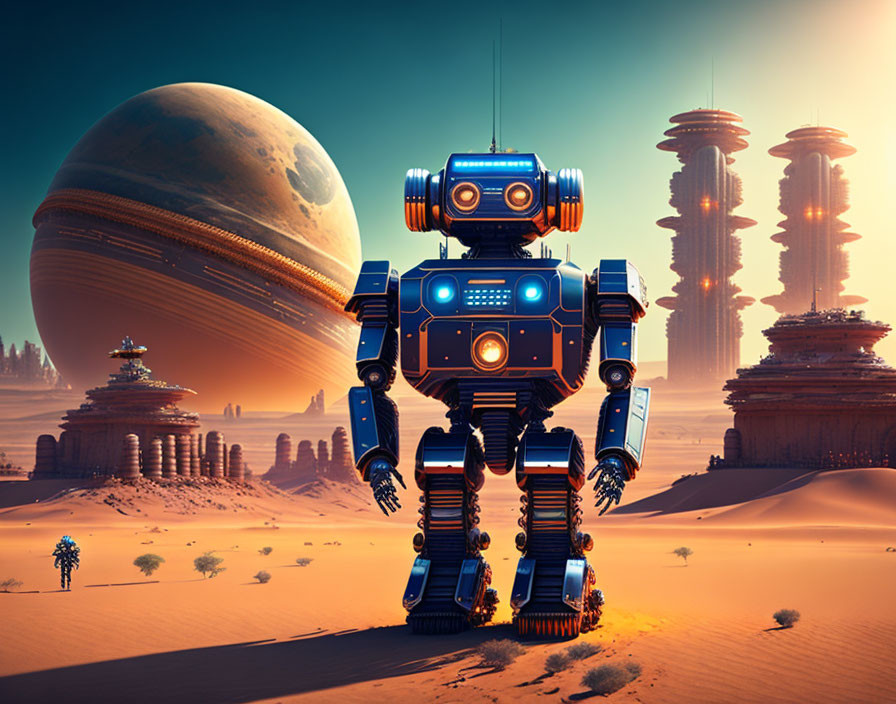 Futuristic robot in desert with towering structures and large planet in sky