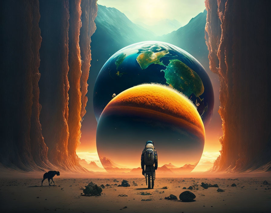 Person and dog gaze at surreal Earth and planet rising in desert landscape