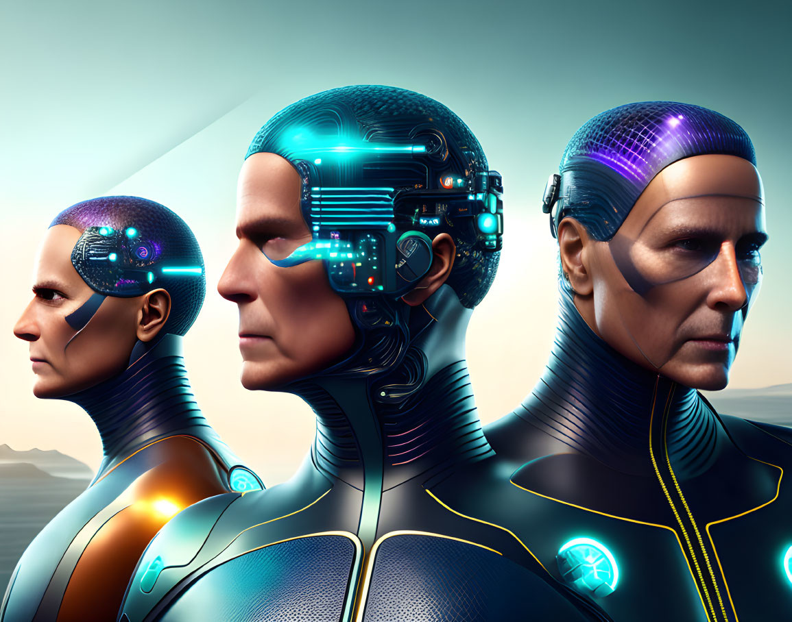 Three futuristic androids with exposed circuitry on their heads on gradient background