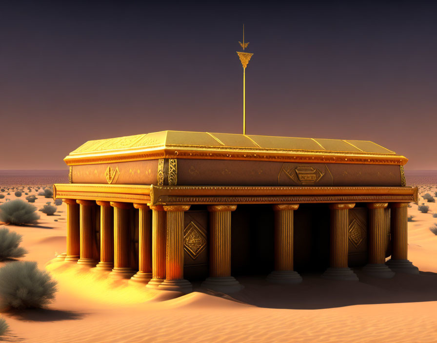 Golden temple digital illustration in desert twilight landscape