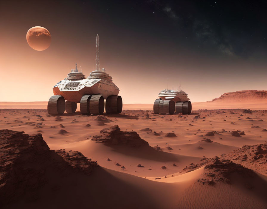 Futuristic Martian rovers with moon in sky on rocky desert landscape