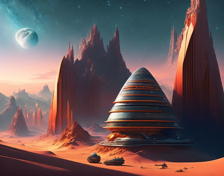 Alien desert planet with futuristic domed structure