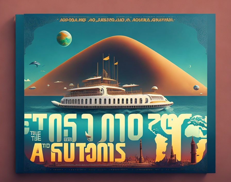Vintage steamboat poster with retro-futuristic design and celestial elements