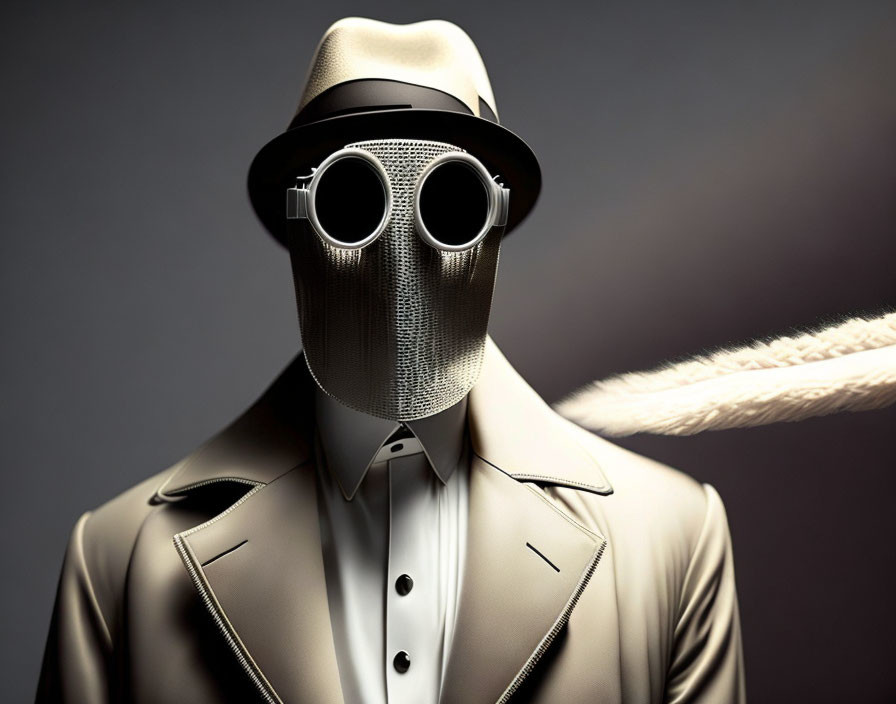 Person depicted with vintage gas mask head, fedora, suit, and rope in stylized image.