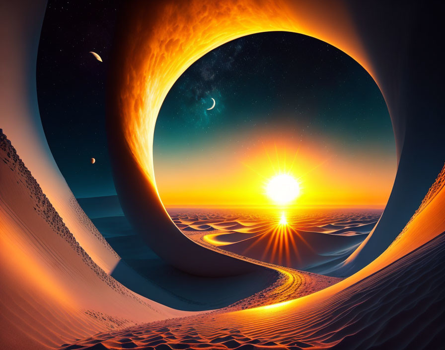 Surreal landscape featuring circular portal in desert twilight