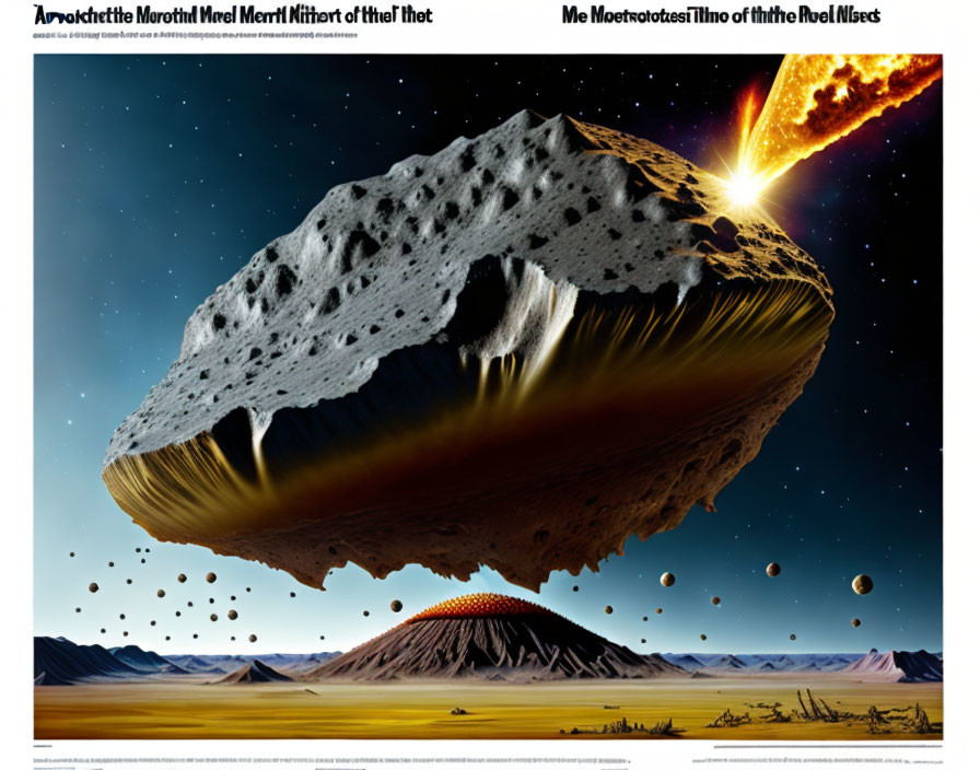 Enormous asteroid above desolate landscape with volcano and meteors.