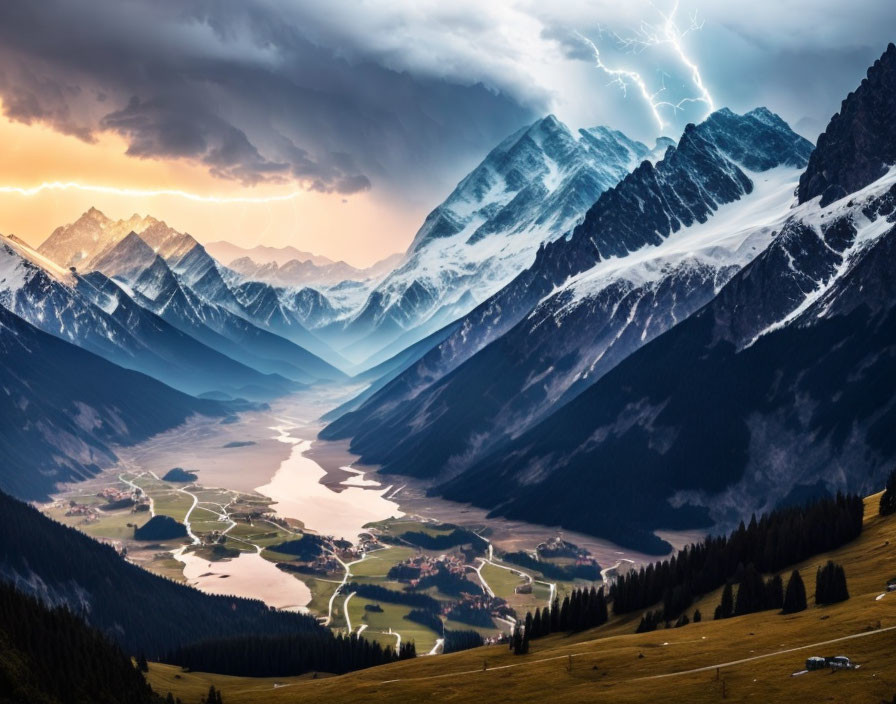 Stormy mountain valley with lightning strike and winding river under dramatic sky