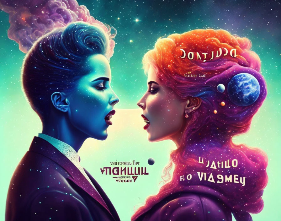Stylized female profiles with cosmic hair and makeup on vibrant space background