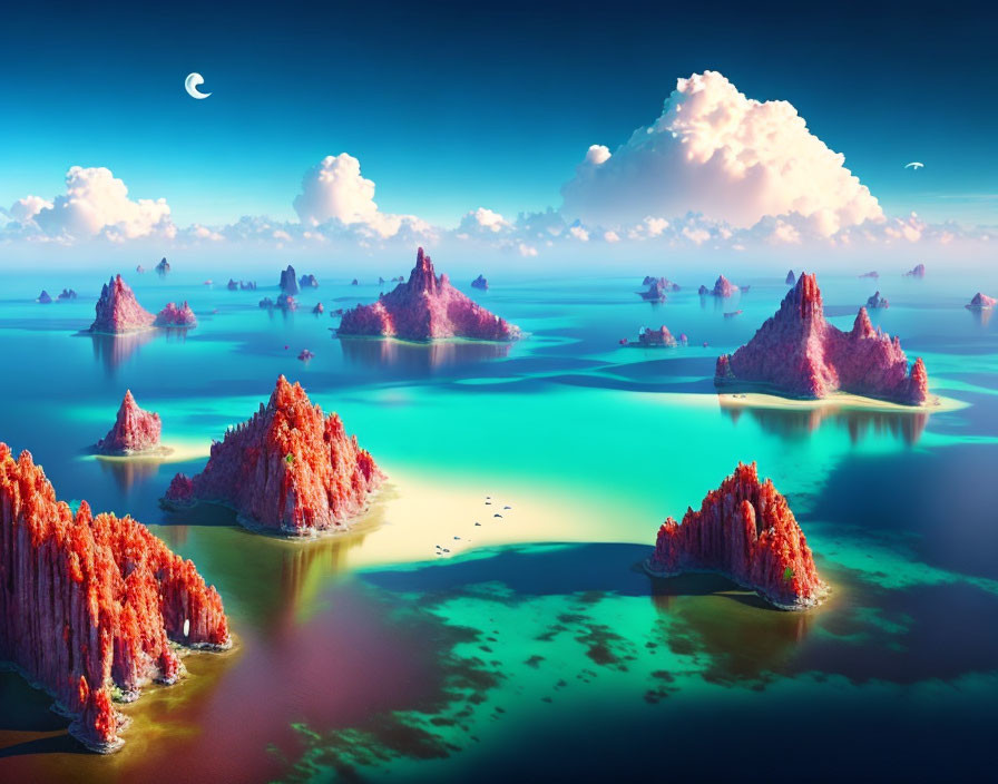 Vibrant turquoise waters and pink rock formations under a crescent moon