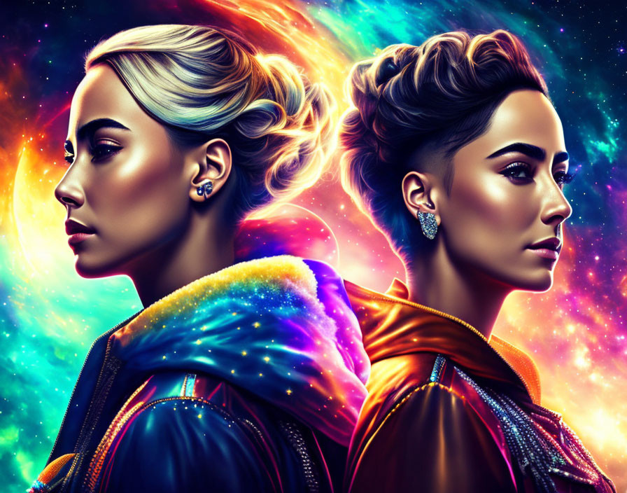 Colorful digital artwork: two women in cosmic setting, intricate hair, makeup, futuristic attire