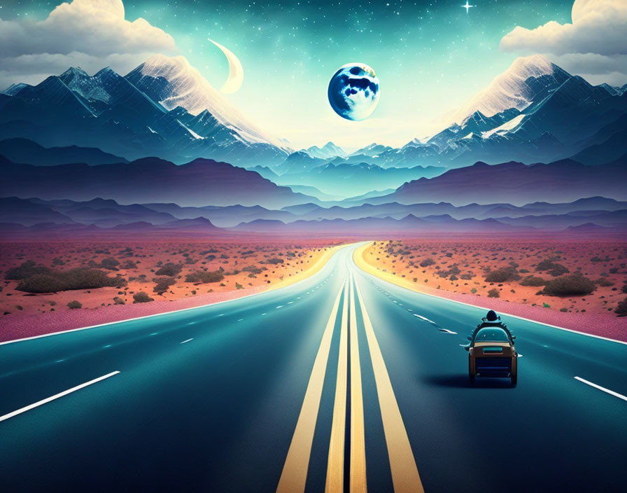 Car driving on surreal desert road towards snow-capped mountains under sky with multiple celestial bodies, including large