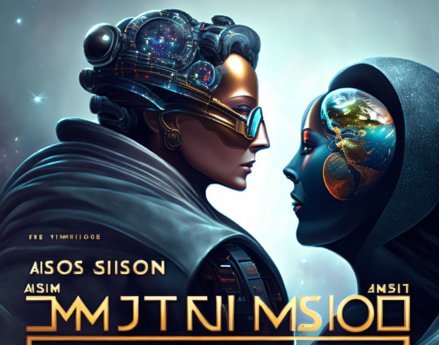 Stylized faces with futuristic helmet and starry night sky motif against cosmic backdrop