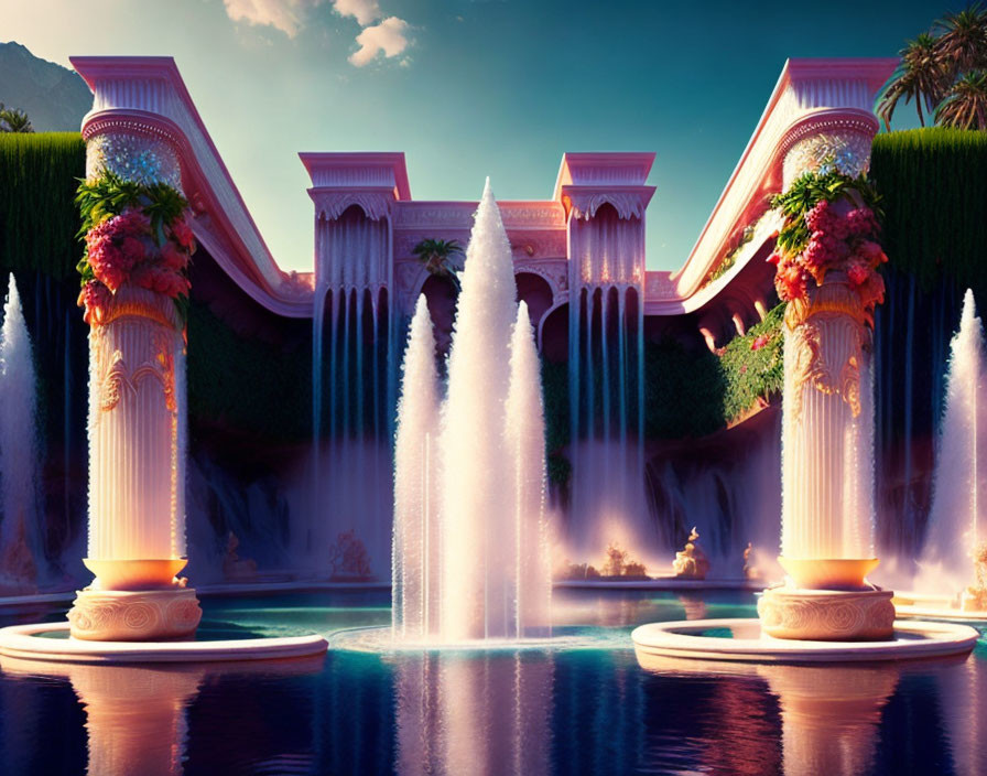 Fantastical palace with pink columns and floral adornments by mountains.