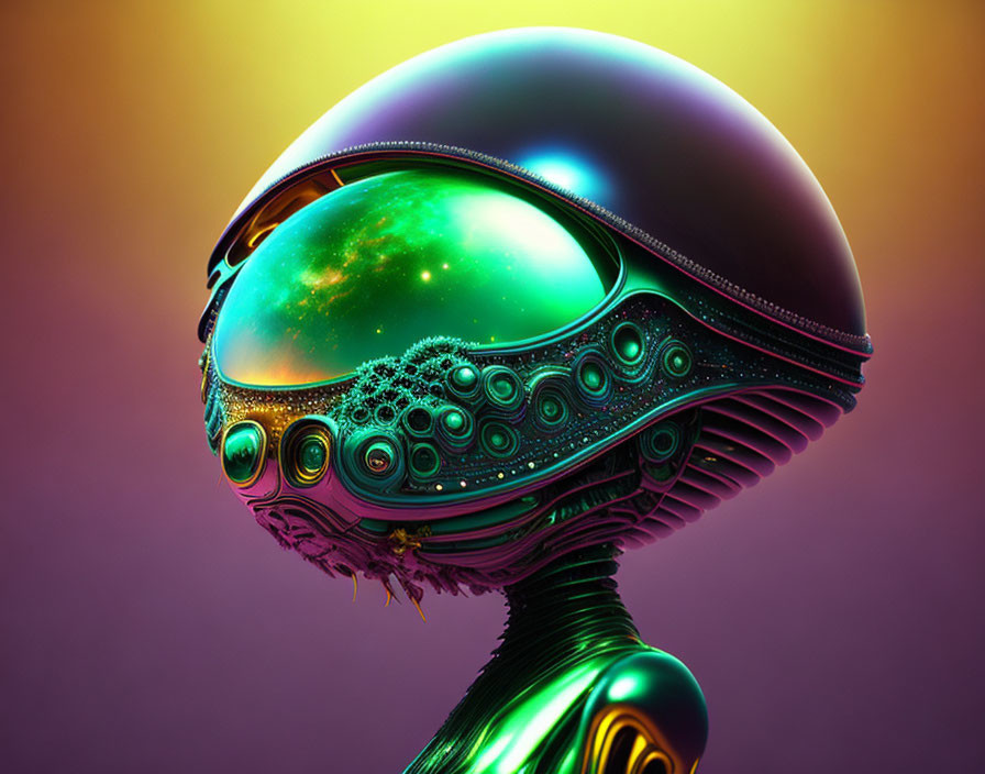 Futuristic Glossy Helmet with Neon Green and Purple Hues