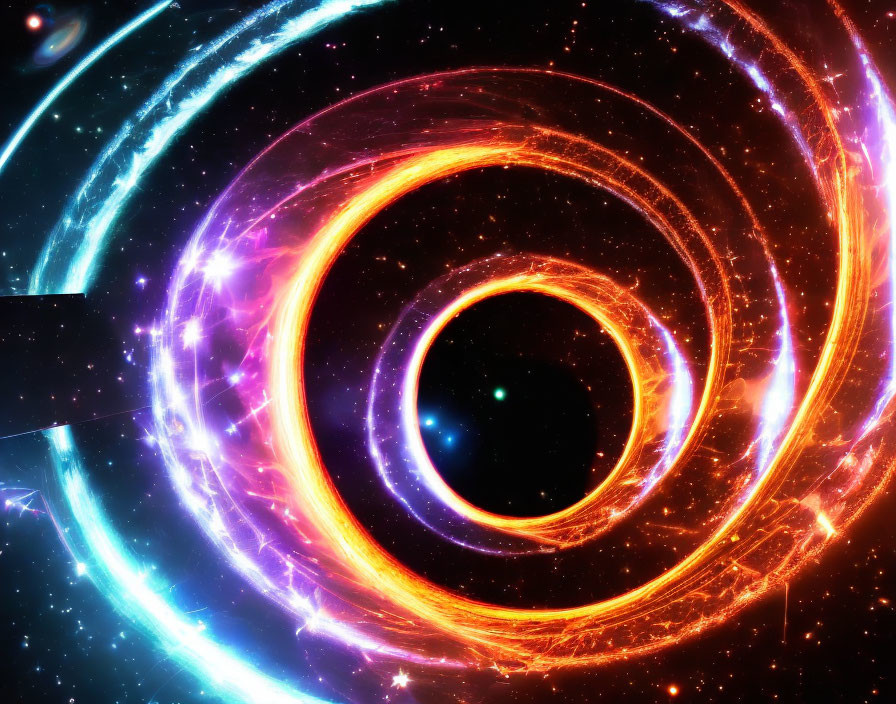 Vibrant digital art: swirling cosmic event with orange, blue, and pink hues.