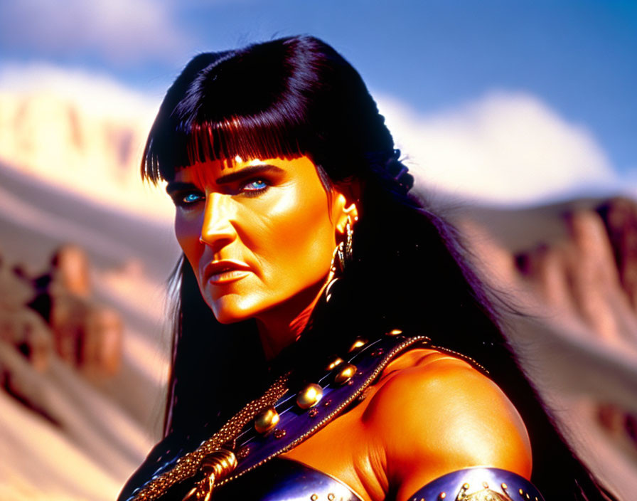 Dark-haired warrior woman in golden armor and earrings against desert backdrop