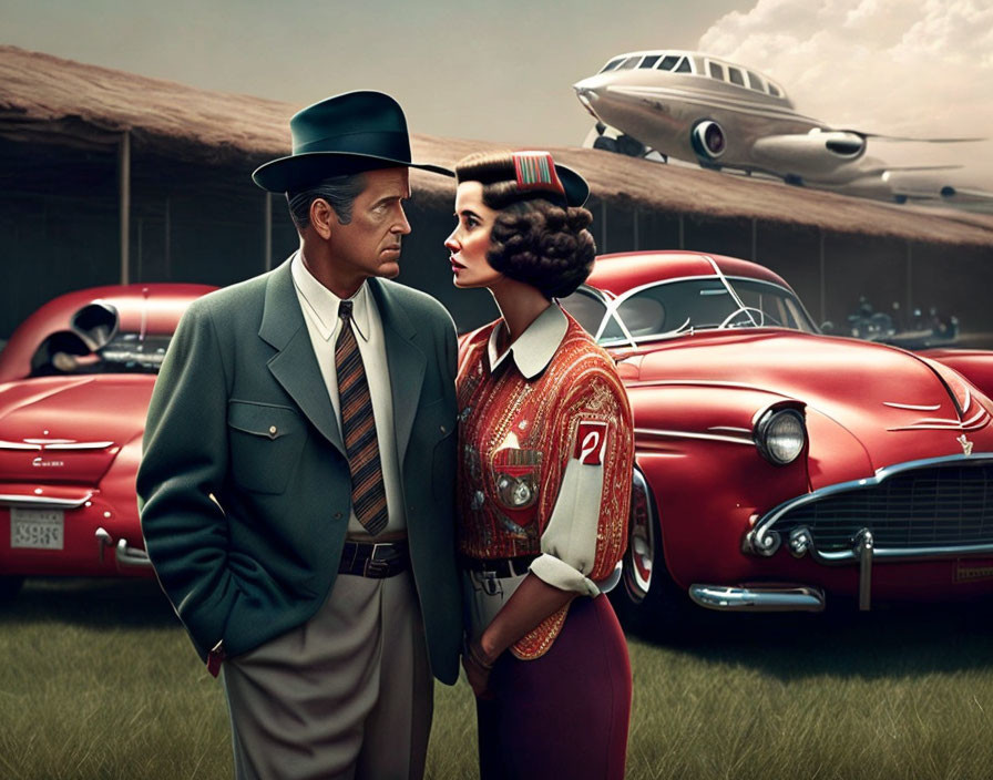 Vintage-style illustration of man and woman in hat and racing jacket with classic red cars and propeller plane