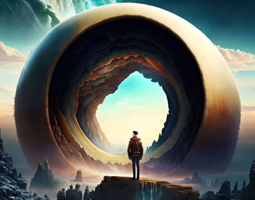 Person on Cliff Gazes at Massive Circular Portal Overlooking Dramatic Landscape