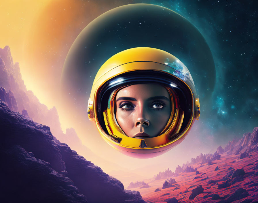 Person in space helmet observing alien landscapes and celestial body.