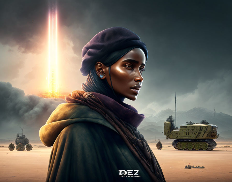 Digital artwork: Woman in headscarf in futuristic military scene with rocket launch and armored vehicles in desert