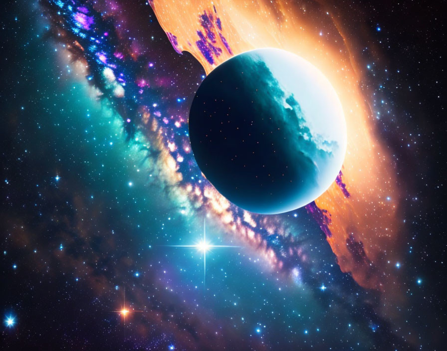 Colorful Space Scene with Large Planet and Nebula