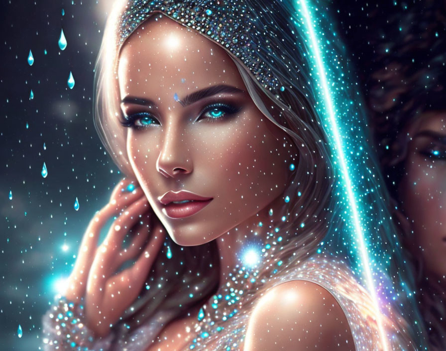 Sparkling Skin Woman in Glowing Light with Blue Eyes
