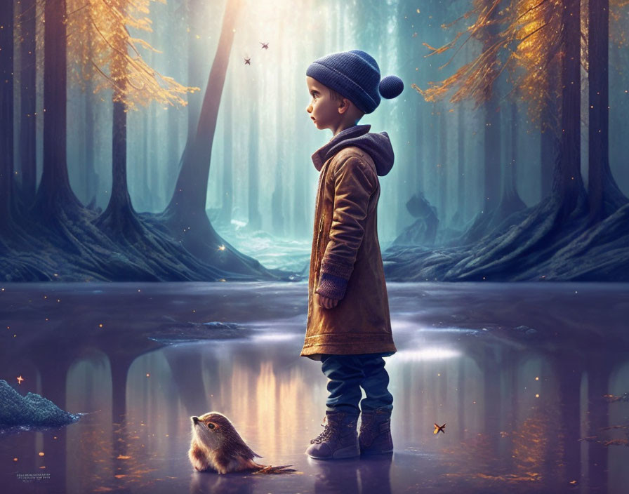 Child in Beanie and Coat by Reflective Water in Mystical Forest with Small Creature