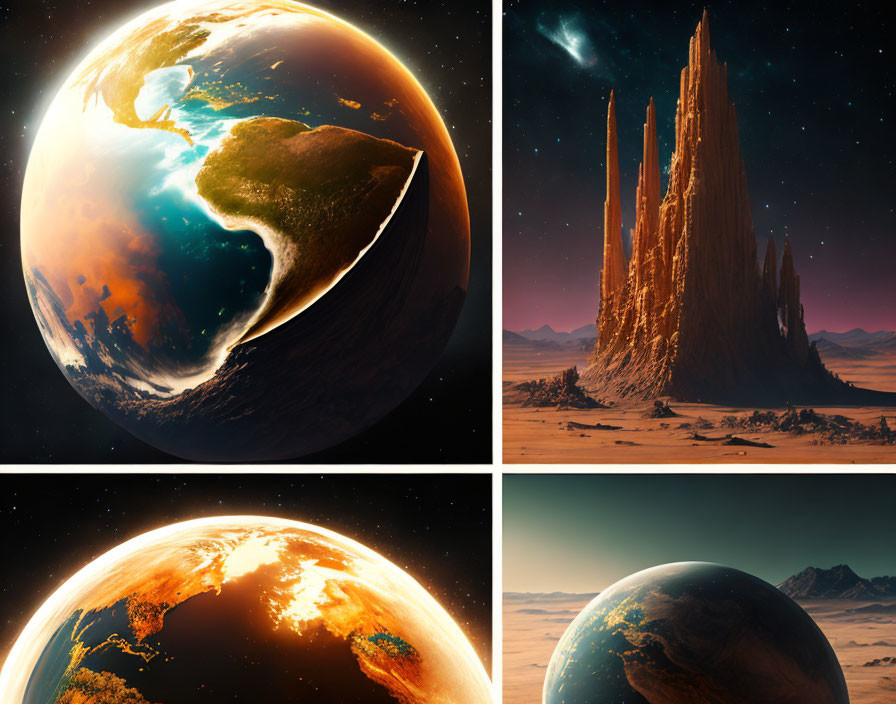 Collage of Four Futuristic Earth Images: Close-up, Alien Structures, Fiery Planet, Bar