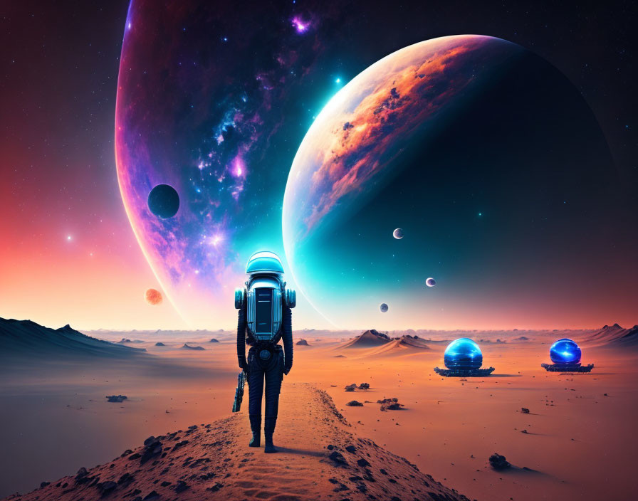 Astronaut on alien landscape with large planets and colorful sunset
