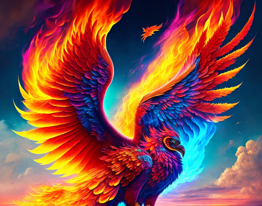 Colorful Phoenix Soaring in Fiery Sky
