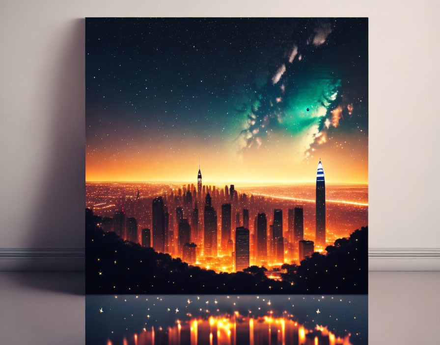 City skyline artwork: illuminated buildings against starry sky.