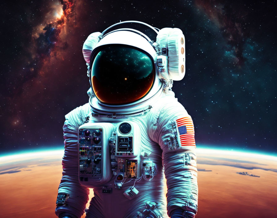 Detailed Space Suit Astronaut Floating in Orbit Above Earth